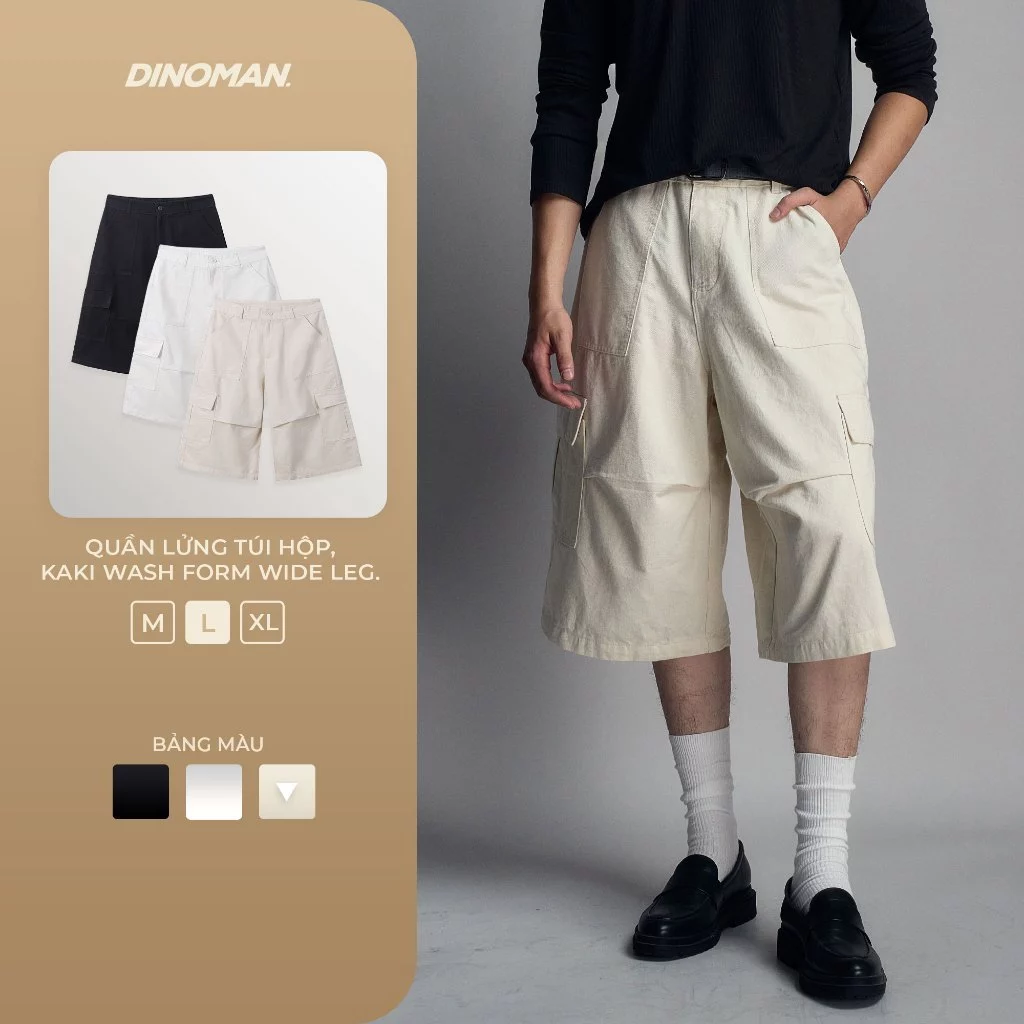 Quần Lửng Túi Hộp DINOMAN Kaki Wash Mềm Form Wide Leg Trẻ Trung Năng Động Dễ Phối Đa Dụng QTH05