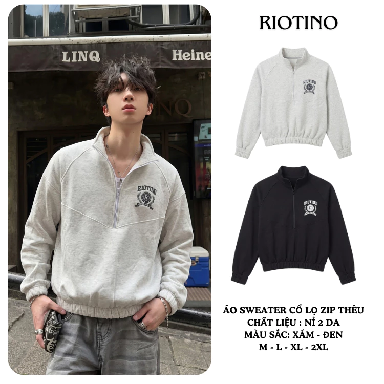 Áo Sweater RIOTINO Cổ Cao Thêu Hình Nỉ 2 Da Dáng Boxy Phong Cách Hàn Quốc AH01