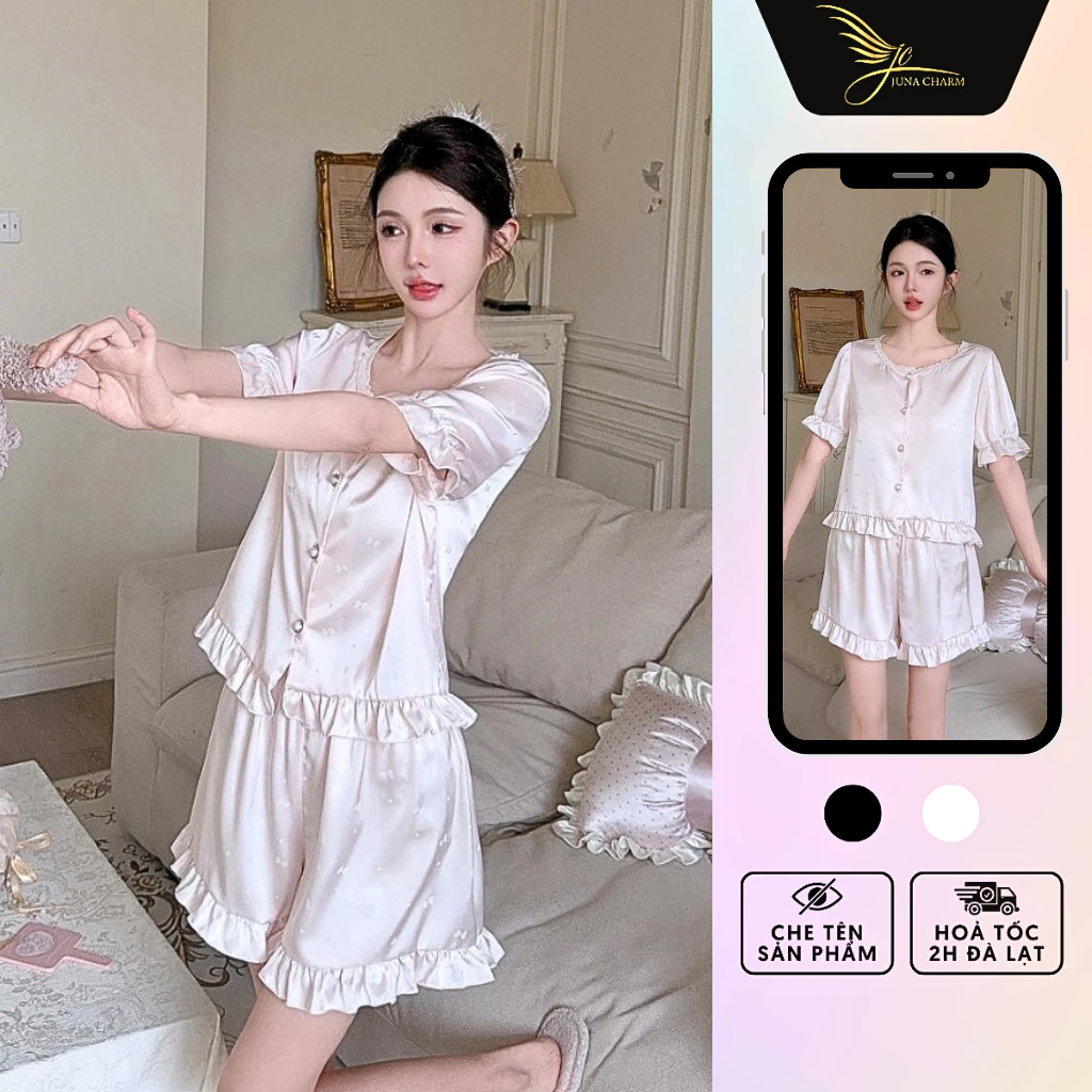 Bộ Pijama Mặc Nhà, Đồ Bộ Đùi Cổ Tròn JUNA Freesize Thời Trang Đồ Ngủ Dành Cho Nữ, Chất Lụa Gấm Cao Cấp, Màu Hồng/SP67222