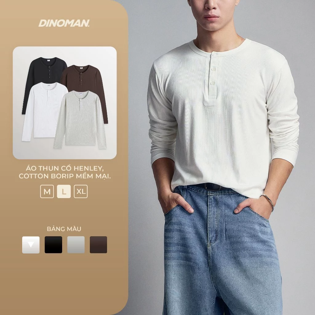 Áo thun cổ Henley DINOMAN Cotton Borip Mềm Mại Thoáng Mát Co Giãn Linh Hoạt Đi Học Đi Chơi AP012