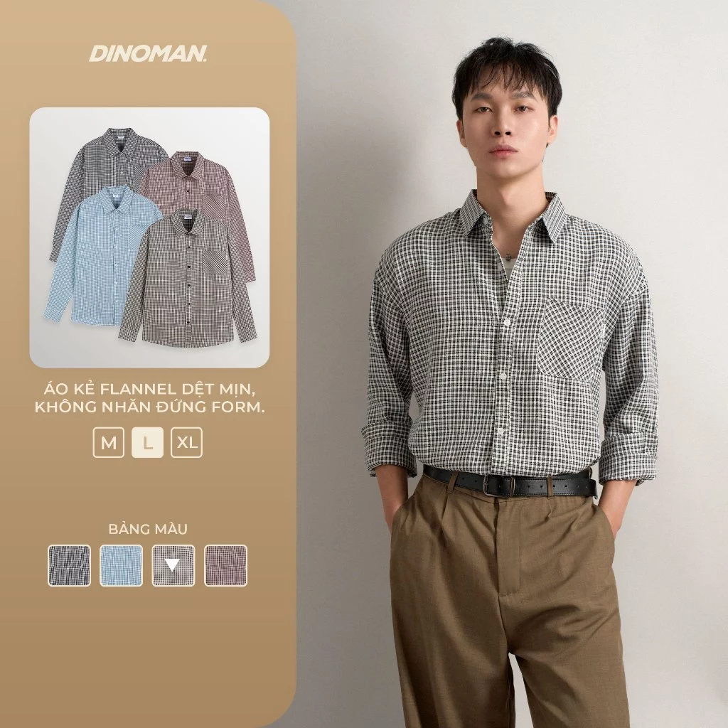 Áo Kẻ Flannel DINOMAN Dệt Mịn Không Nhăn Đứng Form Thoáng Mát Phong Cách Trẻ Trung Năng Động SM024