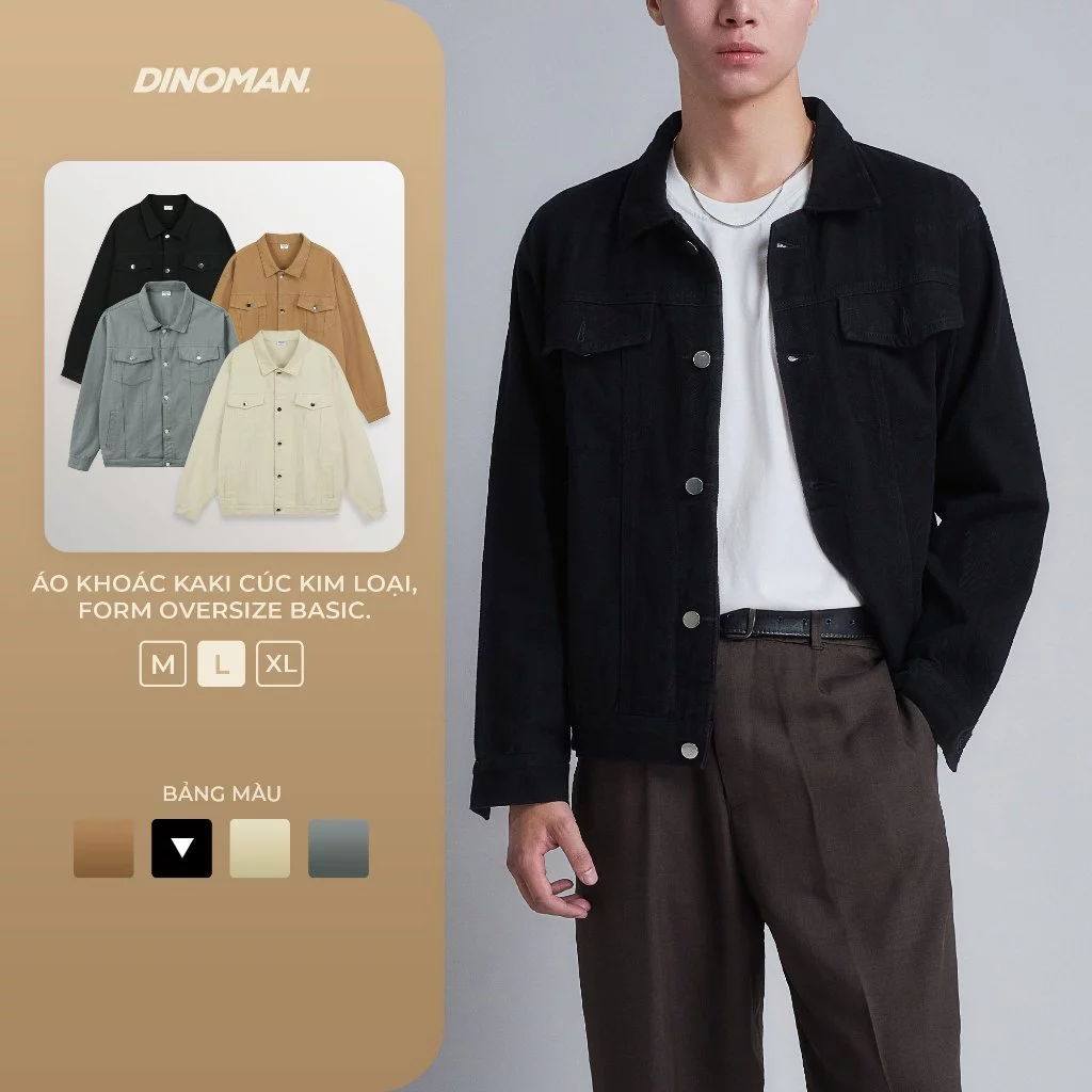 Áo Khoác Kaki Cúc Kim Loại Dinoman & Yumi 400gsm Form Oversize Basic Trẻ Trung - SM010
