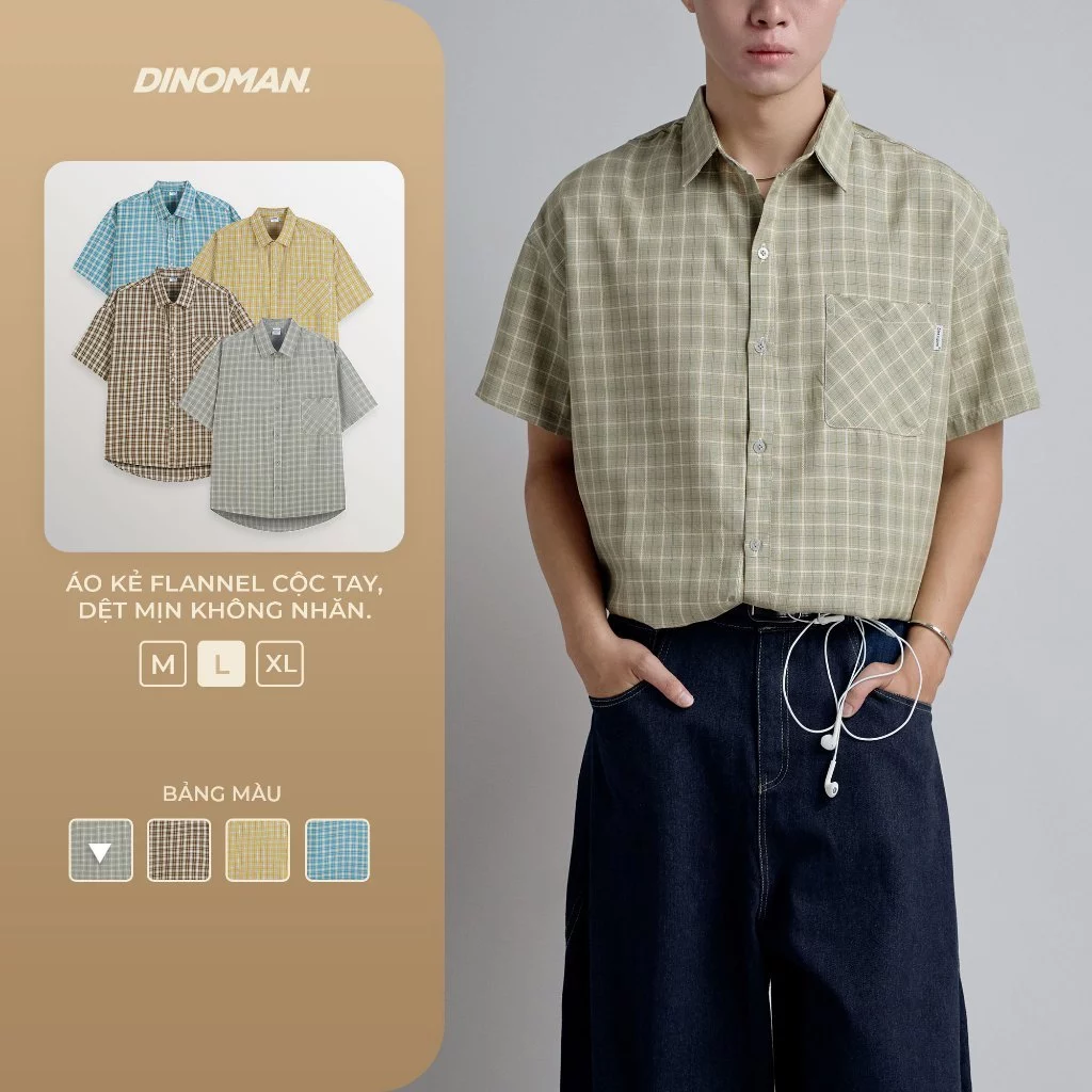 Áo Kẻ Flannel Cộc Tay DINOMAN Dệt Mịn Không Nhăn Đứng Form Thoáng Mát Phong Cách Trẻ Trung Năng Động SM027