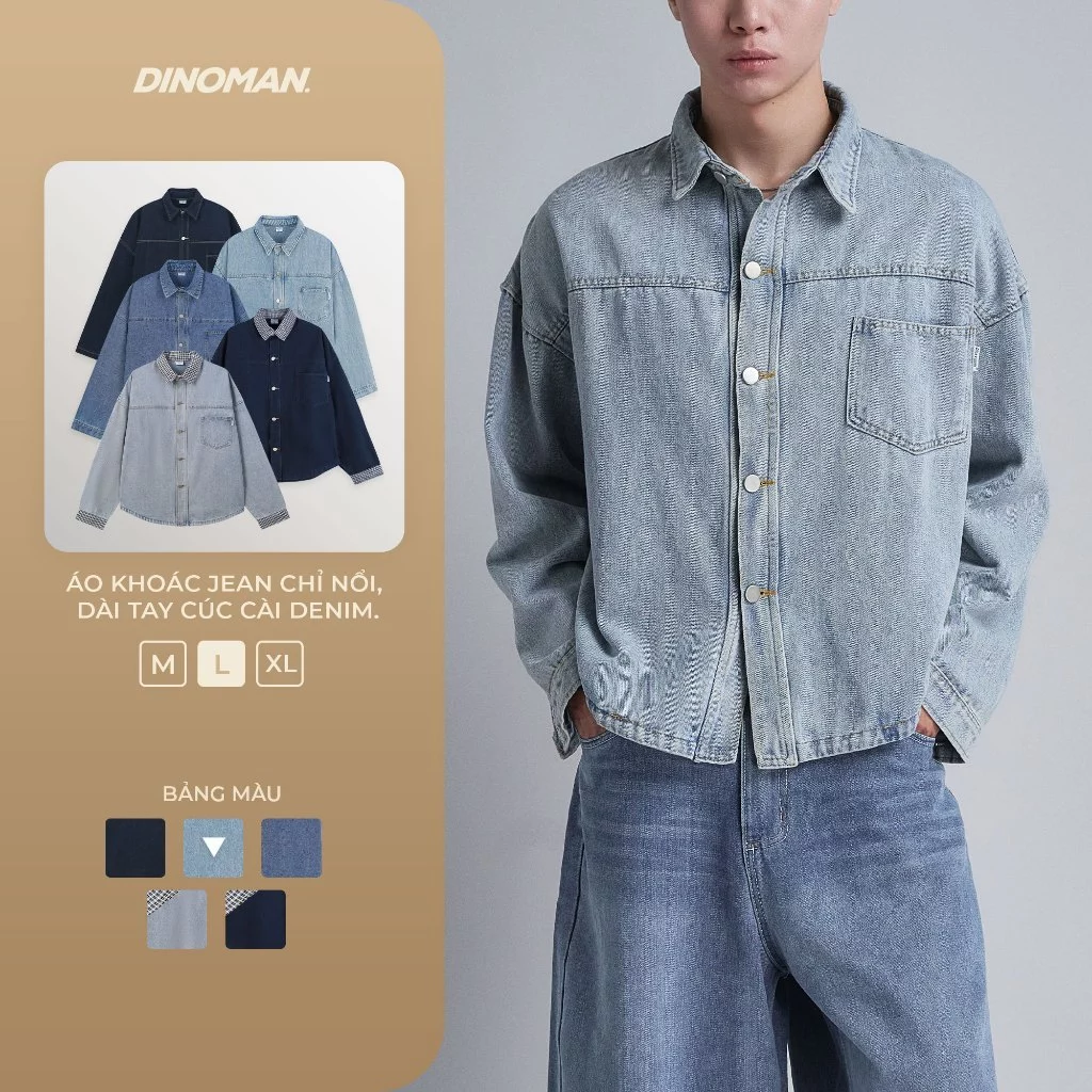 Áo Khoác Jean Cúc Cài DINOMAN Dài Tay Chỉ Nổi Jean Mềm Cao Cấp Đứng Form Trẻ Trung Năng Động SM023