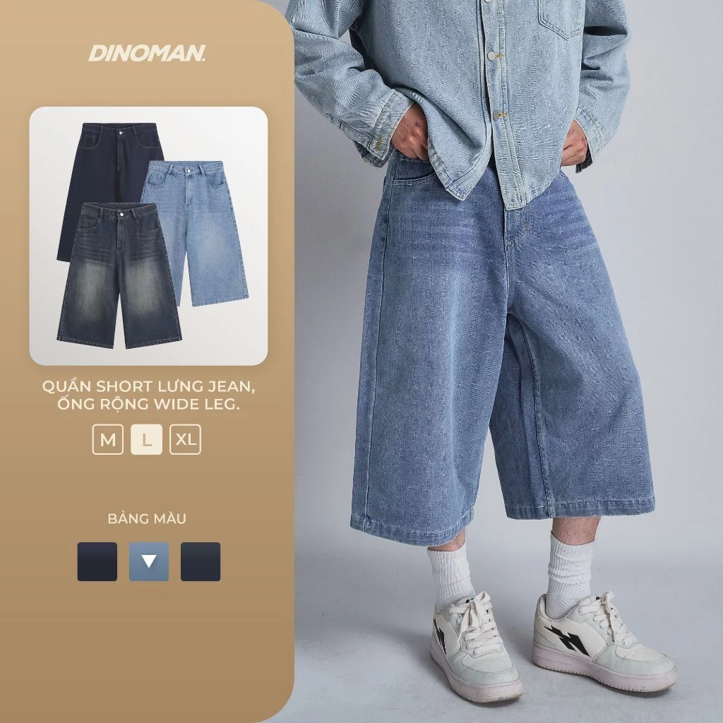 Quần Short Lửng Jean DINOMAN Ống Rộng Wide Leg Phong Cách Thời Trang Năng Động Cá Tính QDS012