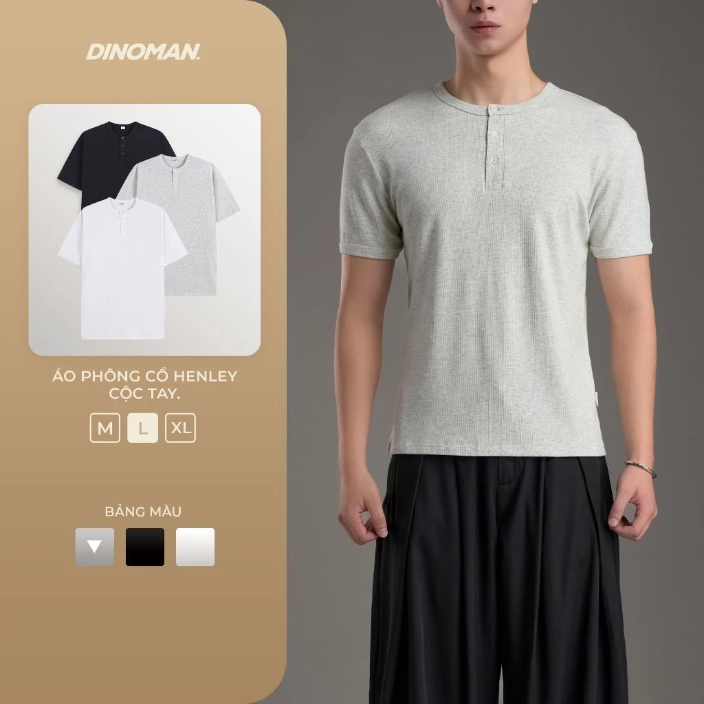 Áo Phông Cổ Henley Cộc Tay DINOMAN Form Cleanfit Tôn Dáng Cotton Mềm Mịn Thấm Hút Dễ Chịu AP015