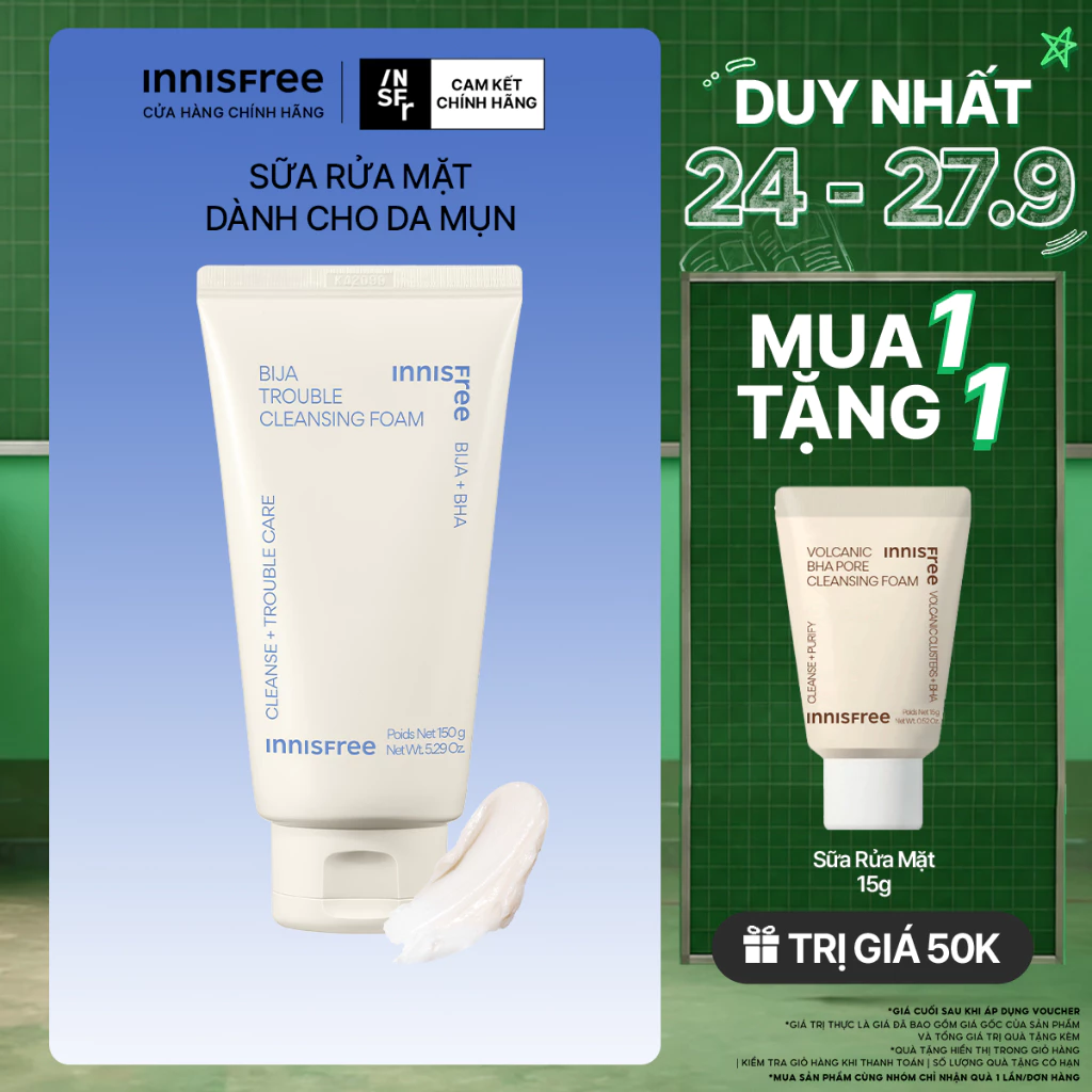 Sữa rửa mặt dành cho da mụn innisfree Bija Trouble Facial Foam 150g