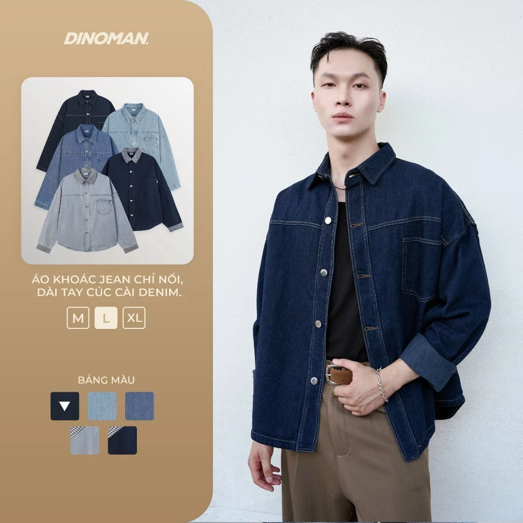 Áo Khoác Jean Cúc Cài DINOMAN Chỉ Nổi Cao Cấp Đứng Form Tôn Dáng Trẻ Trung Năng Động SM023-2