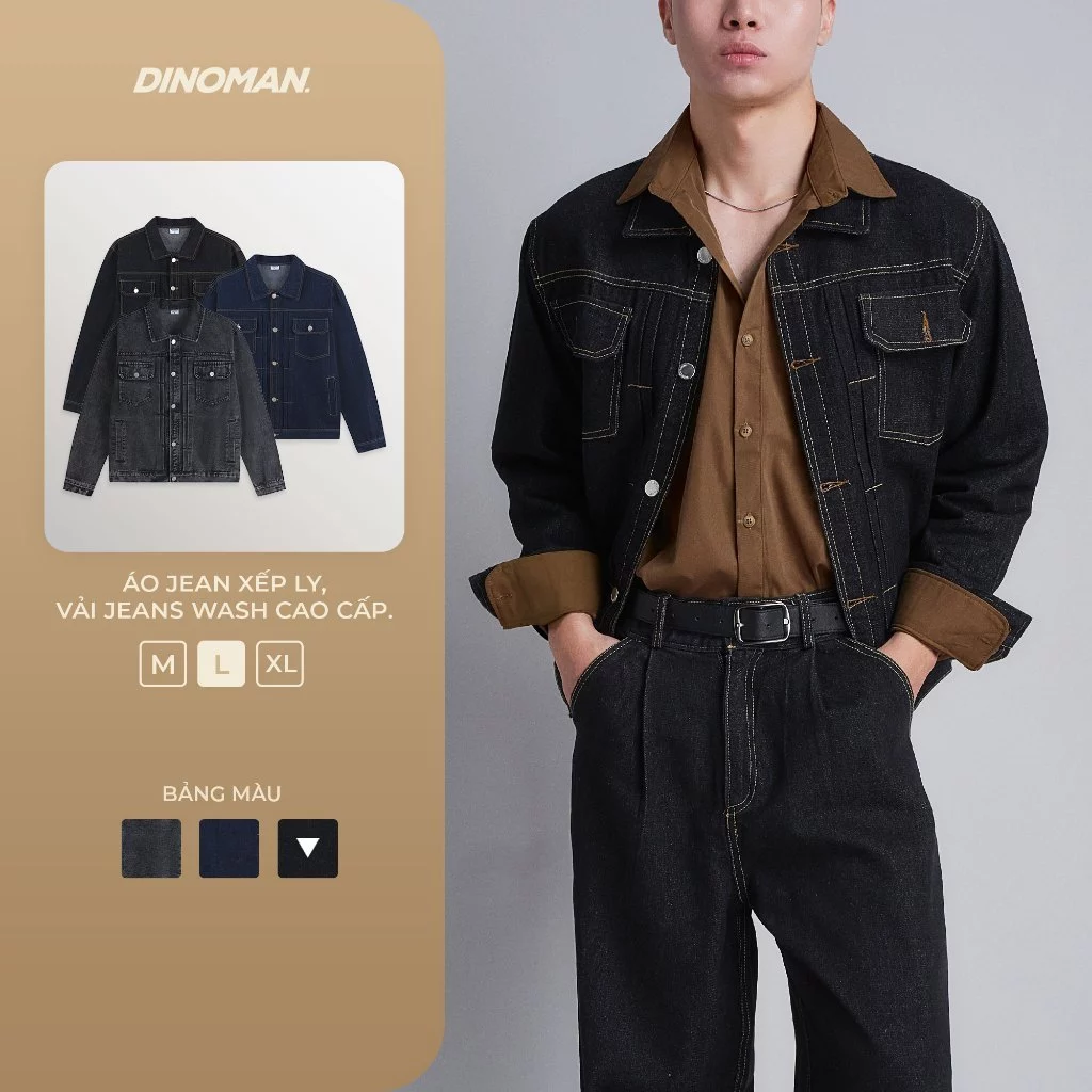 Áo Jean Xếp Ly DINOMAN Vải Jeans Wash Cao Cấp Form Đứng Trẻ Trung Bền Màu Phong Cách Mạnh Mẽ SM026