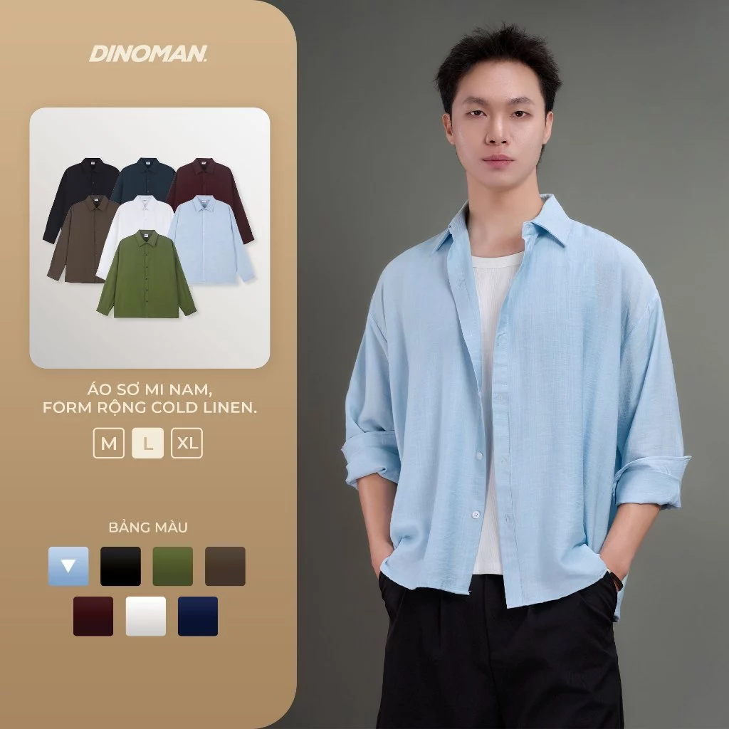 Áo Sơ Mi Nam Form Rộng Cold Linen DINOMAN Vải Mát Nhẹ Thoáng Khí Phong Cách Tối Giản Thanh Lịch SM033