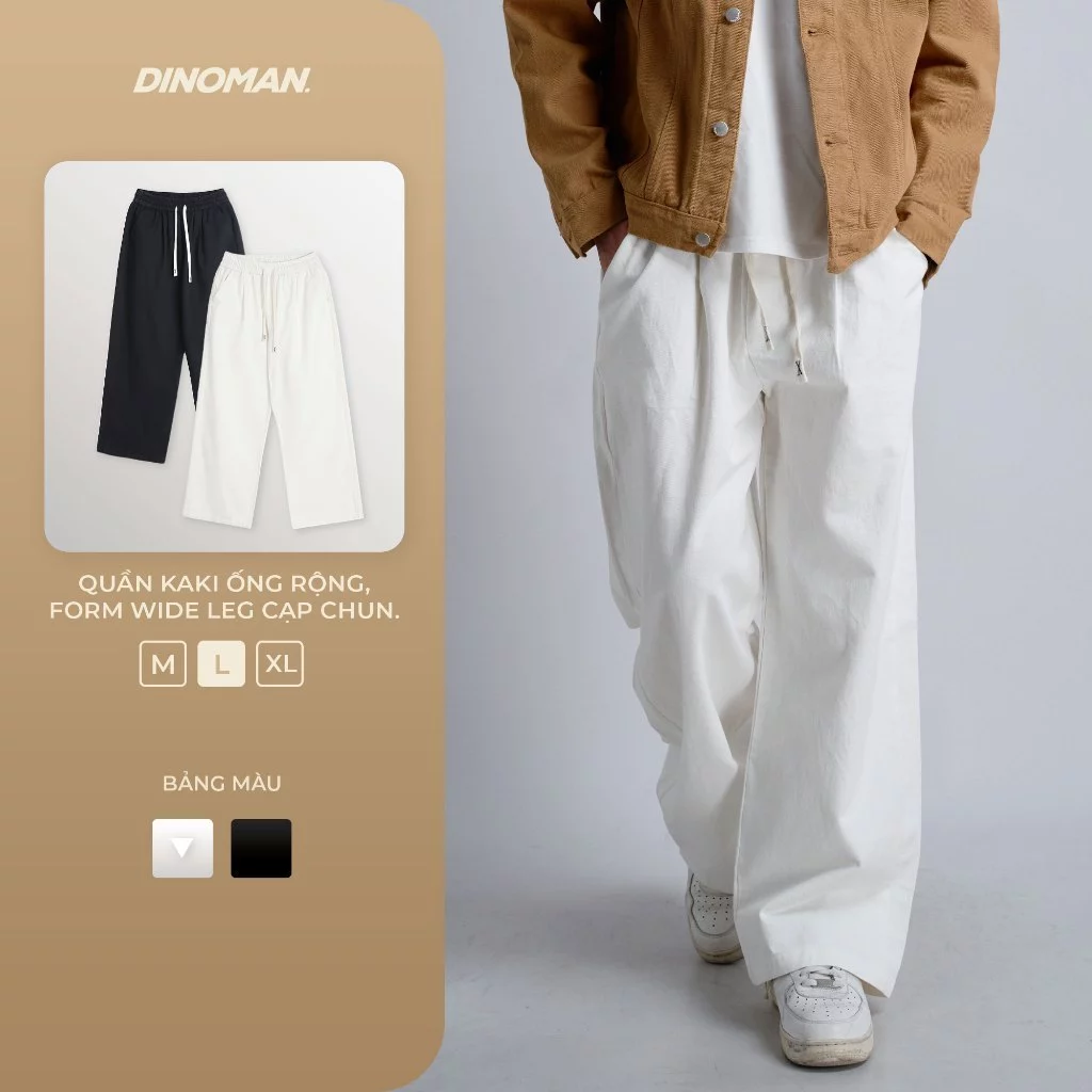 Quần Kaki Ống Rộng Nam Nữ Dinoman x Yumi Form Wide Leg Cạp Chun Chất Liệu Kaki Mềm - QDS01
