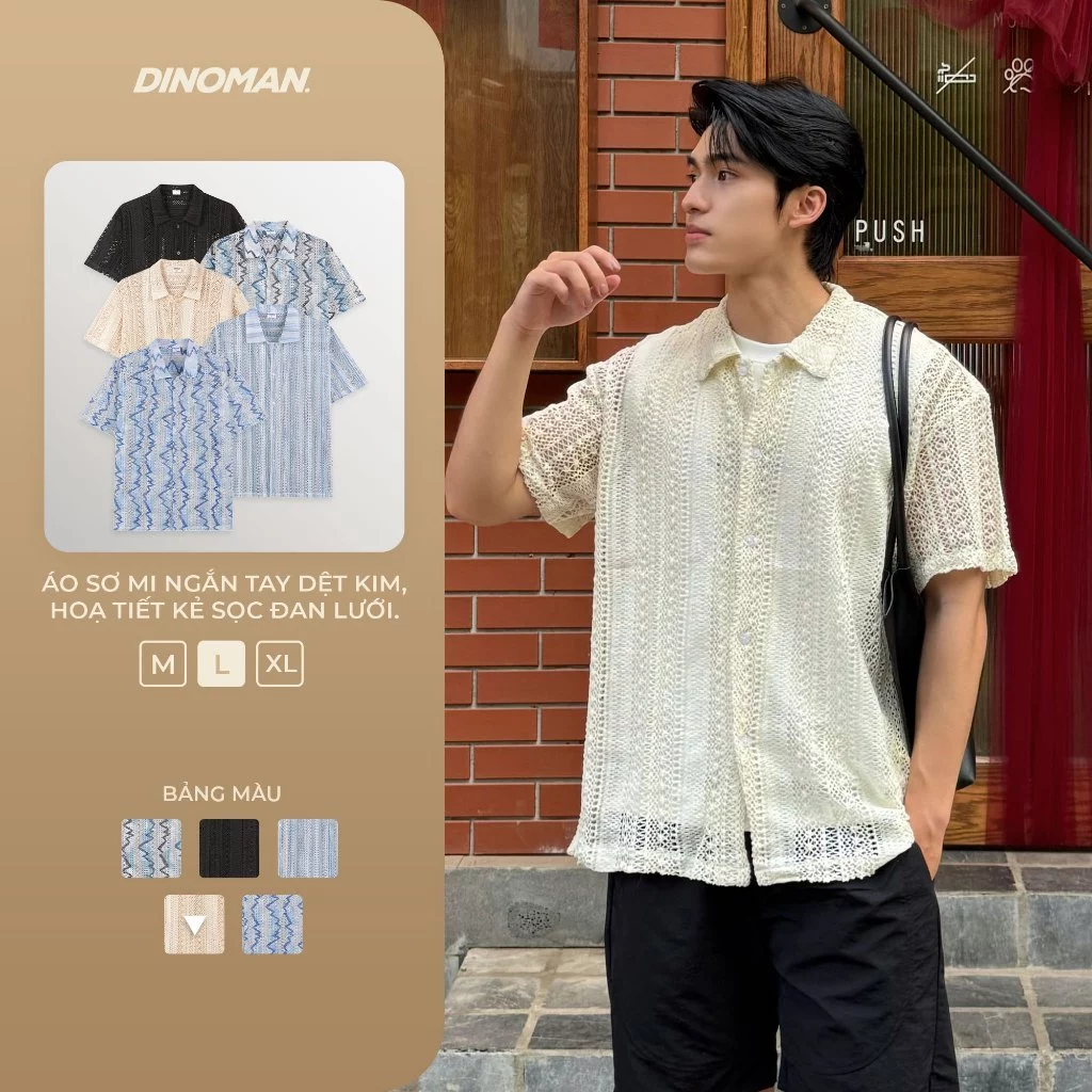 Áo Sơ Mi Ngắn Tay Dệt Kim DINOMAN Unisex Hoạ Tiết Kẻ Sọc Đan Lưới Thoáng Khí Trẻ Trung - SM018