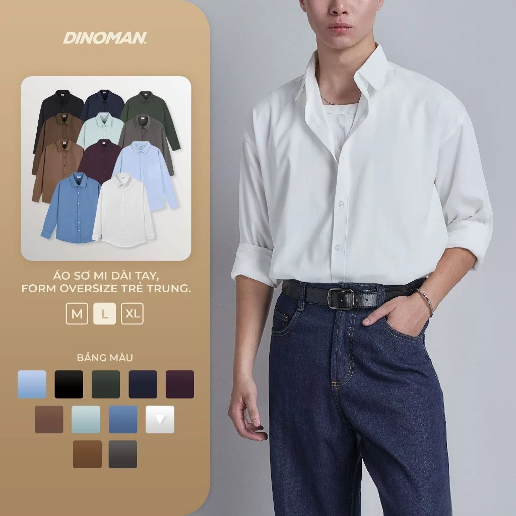 Áo Sơ Mi Dài Tay Nam Nữ Dinoman x Yumi Thấm Hút Tốt Mềm Form Oversize Nam Nữ Unisex Trẻ Trung - SM011