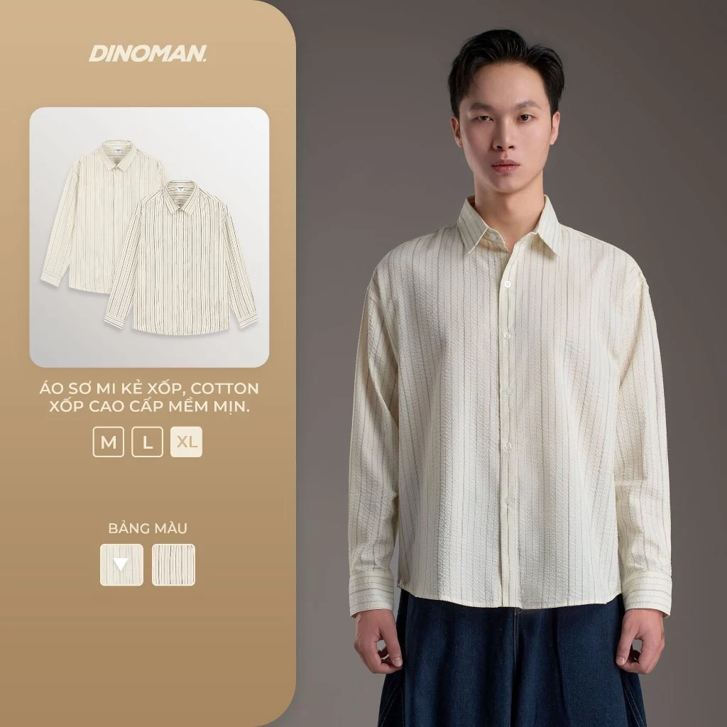 Áo Sơ Mi Kẻ Xốp Dinoman Chất Liệu Cotton Xốp Cao Cấp Mềm Mịn Form Over Size Basic Dễ Phối Đồ - SM014