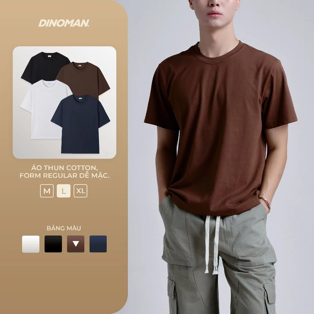 Áo Thun Cotton DINOMAN Form Regular Sợi Bông Tân Cương Thất Hút Khử Mùi Đa Dụng Dễ Mặc AP020