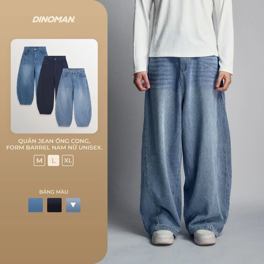 Quần Jean Ống Cong DINOMAN Form Barrel Nam Nữ Unisex Thoải Mái Dễ Vận Động Cá Tính Trẻ Trung QDS014