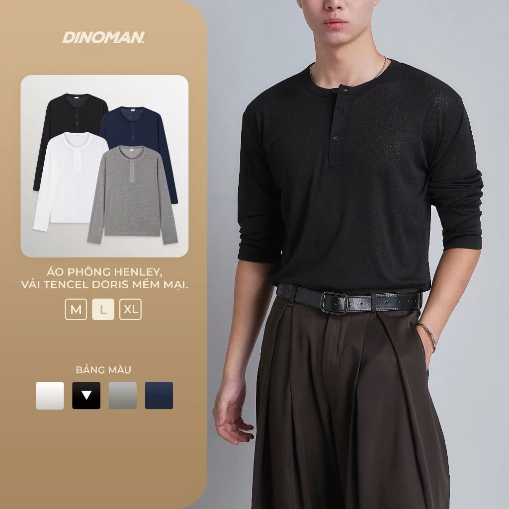 Áo Phông Henley DINOMAN Vải Tencel Doris Lưới Mỏng Co Giãn Mềm Mại Thoáng Mát Thanh Lịch AP019