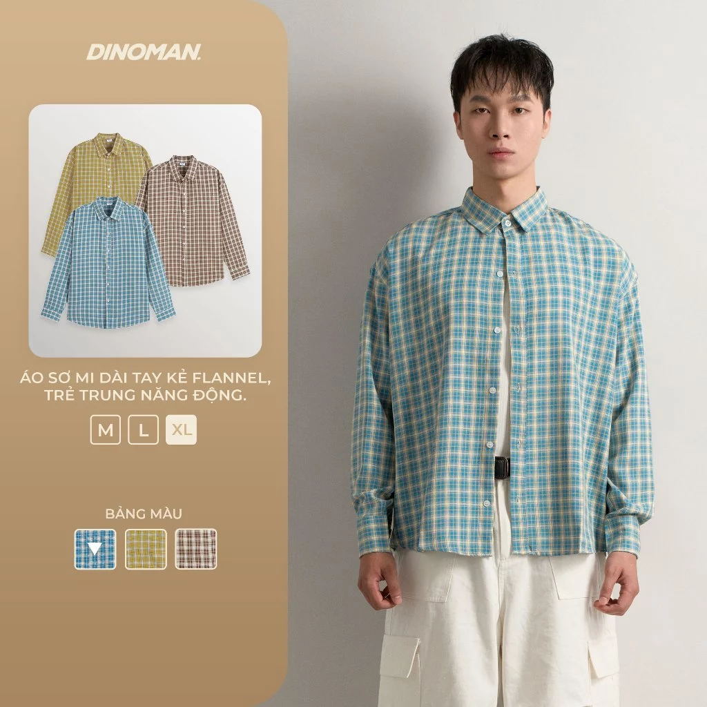 [Công Nghệ May Cuốn Sườn] Áo Sơ Mi Dài Tay Kẻ Flannel DINOMAN Trẻ Trung Năng Động Hàn Quốc SM032