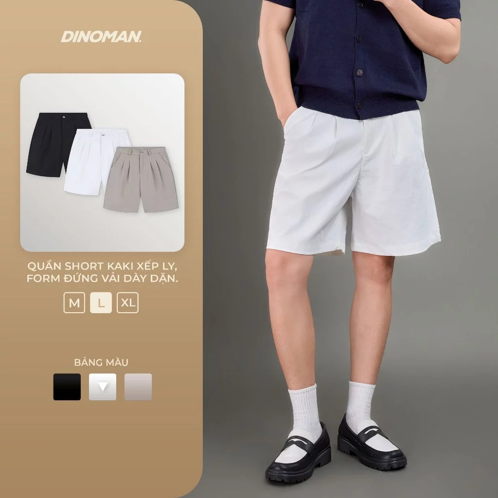 Quần Short Kaki Nam Xếp Ly DINOMAN Form Đứng Vải Dày Dặn Phong Cách Thanh Lịch Dễ Phối Đồ QS07