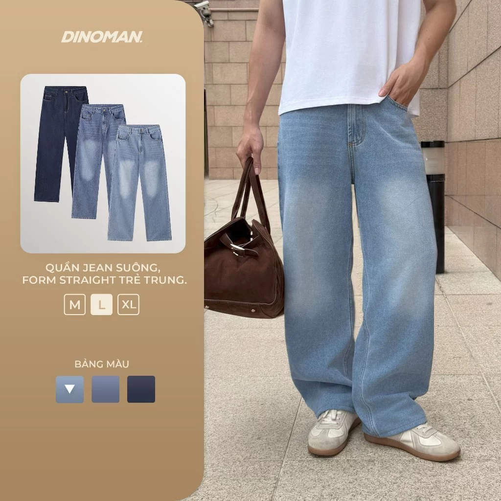 Quần Jean Suông DINOMAN Form Straight Trẻ Trung Năng Động Định Lương 11,5Oz Bền Bỉ Thoải Mái QDS015