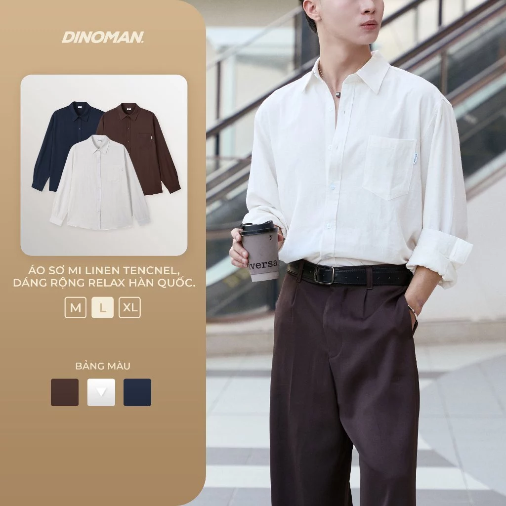 Áo Sơ mi Linen Tencel DINOMAN Dáng Rộng Relax Hàn Quốc Mát Nhẹ Siêu Thấm Hút SM034