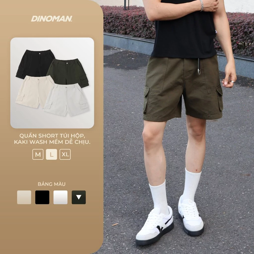 Quần Short Túi Hộp DINOMAN Kaki Wash Mềm Dễ Chịu Phong Cách Năng Động Cá Tính QS06