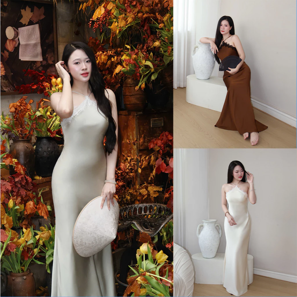 LYC FASHION - Đầm lụa cổ yếm phối ren,form dài có dây kéo