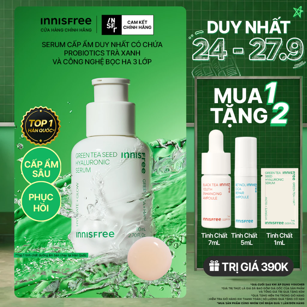 Serum trà xanh cấp ẩm sâu phục hồi da, với Probiotics INNISFREE Green Tea Seed Hyaluronic Serum 80mL