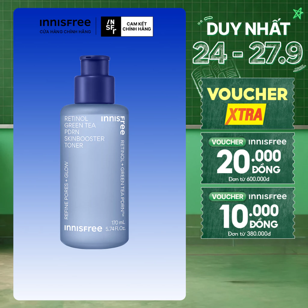 Nước cân bằng PDRN tế bào gốc trà xanh da căng bóng, đàn hồi INNISFREE Retinol Green Tea PDRN SkinBooster Toner 170ml