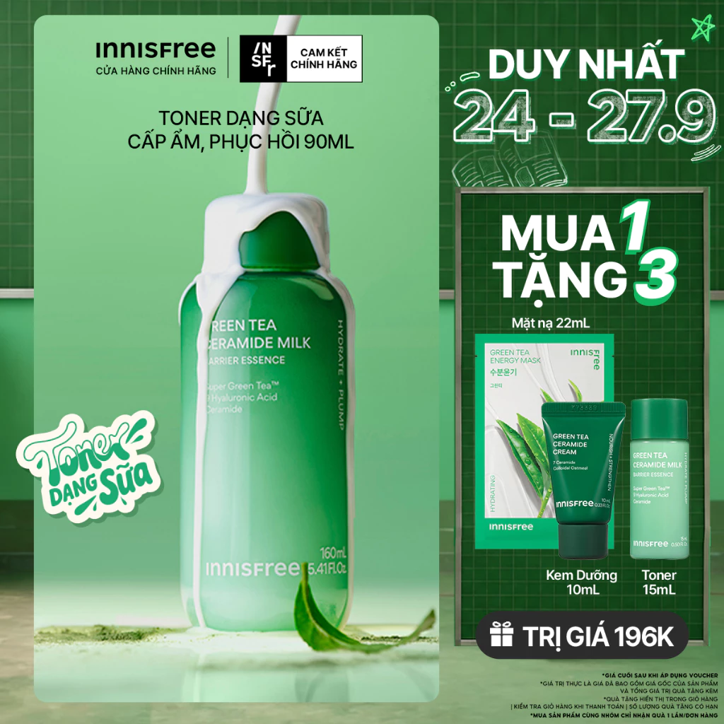 Toner dạng sữa cấp ẩm, phục hồi INNISFREE Green Tea Ceramide Milk
