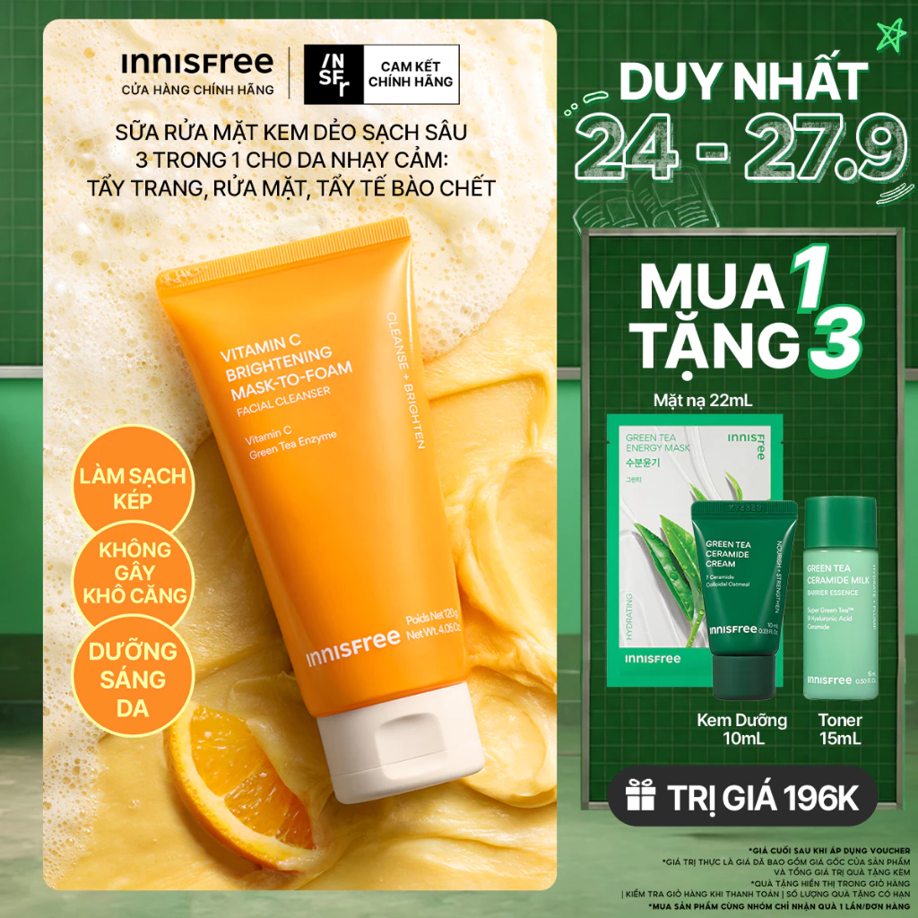 Sữa rửa mặt kem dẻo sạch sâu sáng da dịu nhẹ INNISFREE Vitamin C Brightening Mask-To-Foam Facial Cleanser 120g