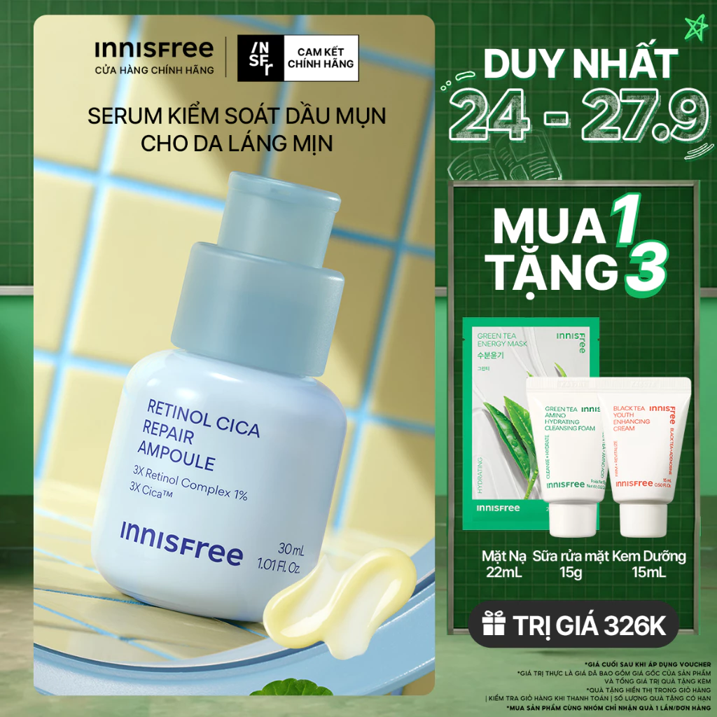 Serum kiểm soát dầu mụn cho da láng mịn INNISFREE Retinol Cica Repair Ampoule 30mL