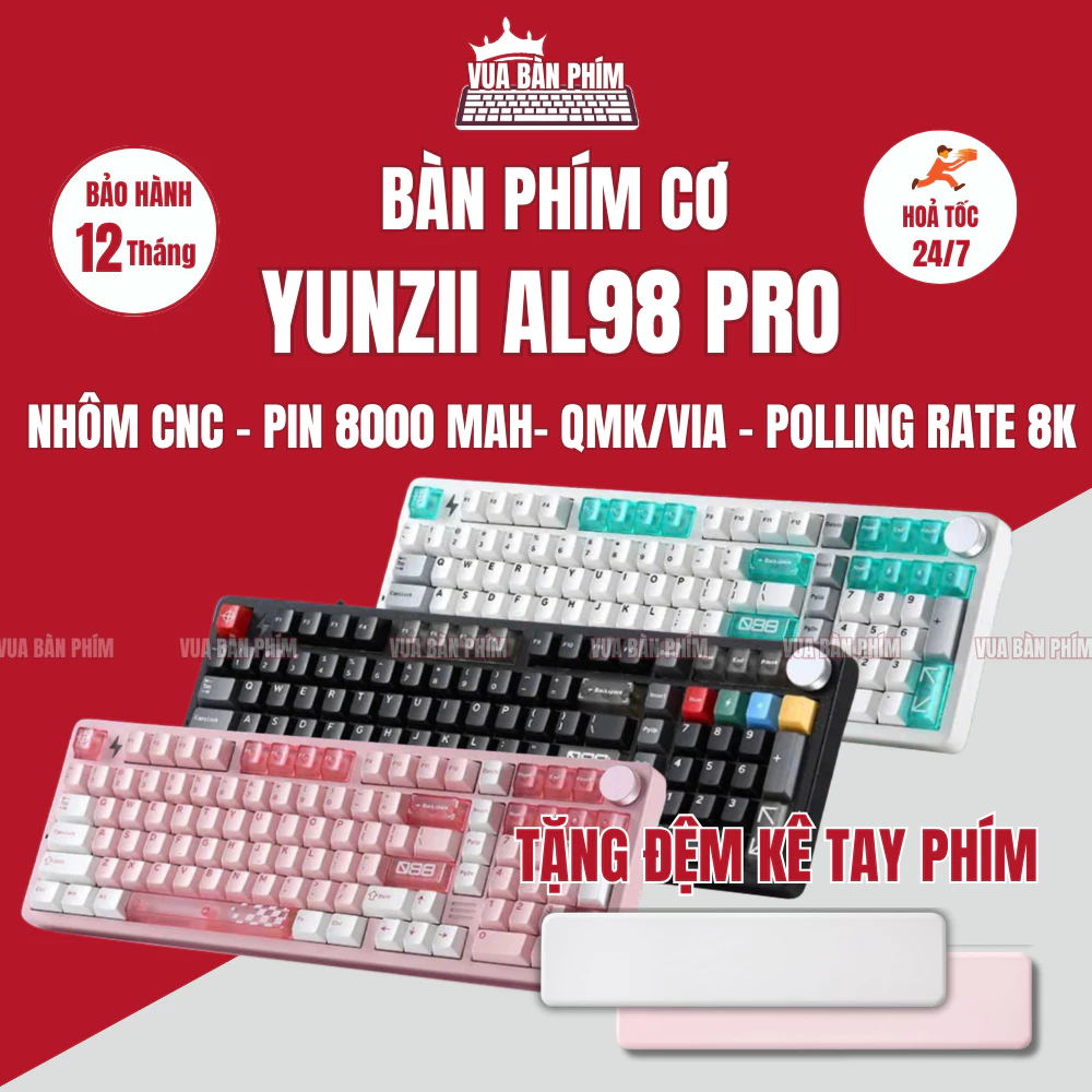 Bàn phím cơ Yunzii AL98 Pro cnc nguyên khối, núm xoay, polling rate 8k ,kết nối via , mạch xuôi, ,hotswap, led rgb