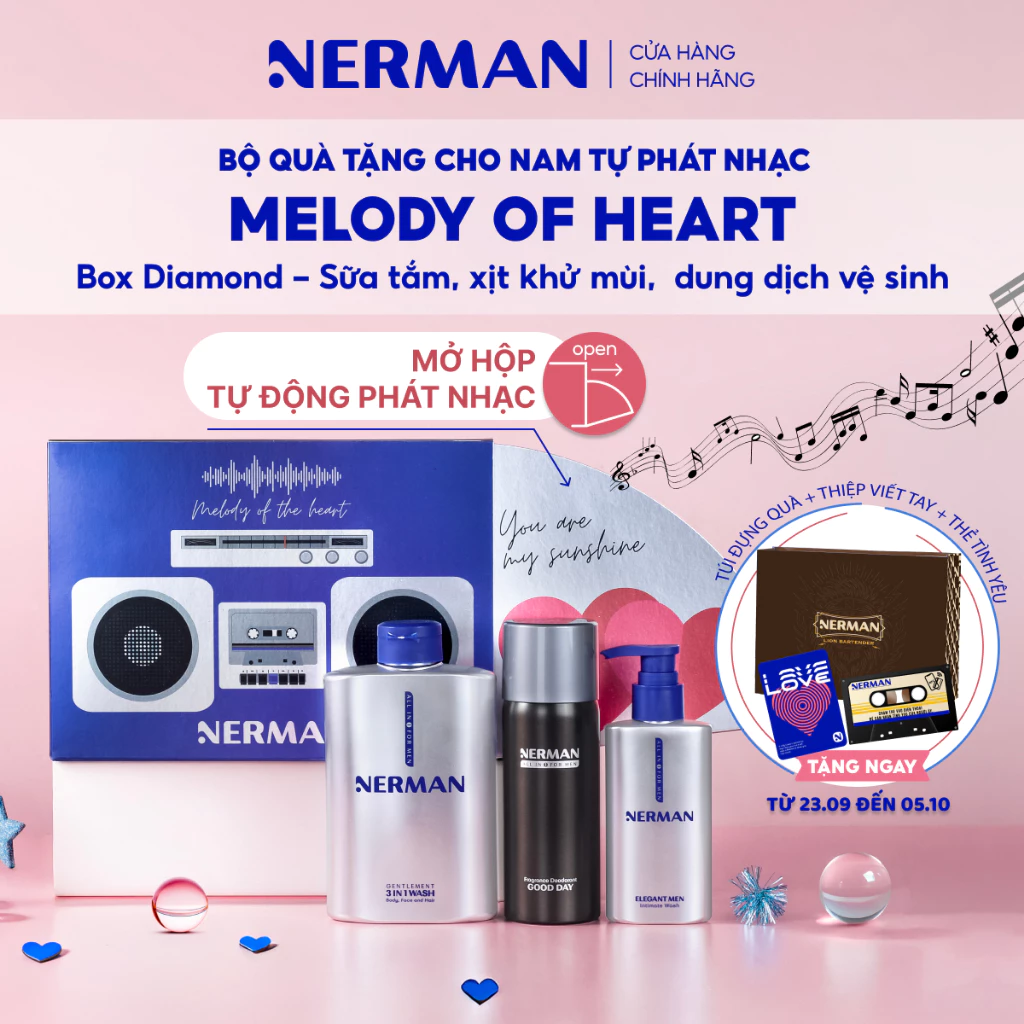 Bộ quà tặng cho nam tự phát nhạc Nerman Melody Of Heart - Sữa tắm 3 in 1 350g & DDVS 100ml