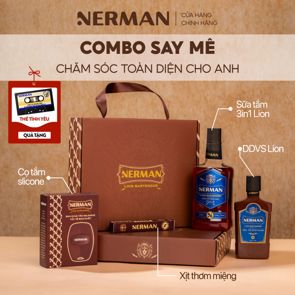 Combo say mê Nerman - Sữa tắm Lion Bartender 330g & DDVS Lion Bartender 100g & Xịt miệng & Cọ tắm