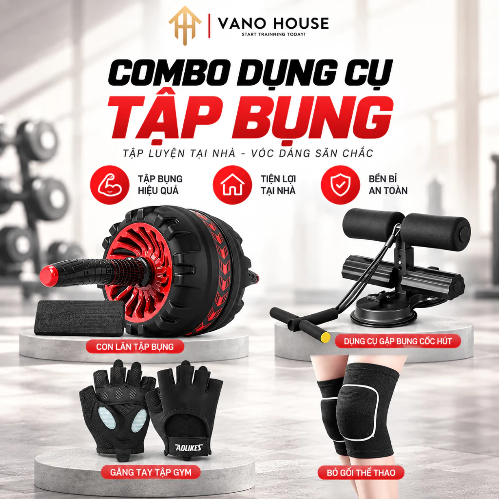 Combo Con Lăn Tập Bụng + Dụng Cụ + Găng Tay + Bó Gối Tập Luyện Tại Nhà