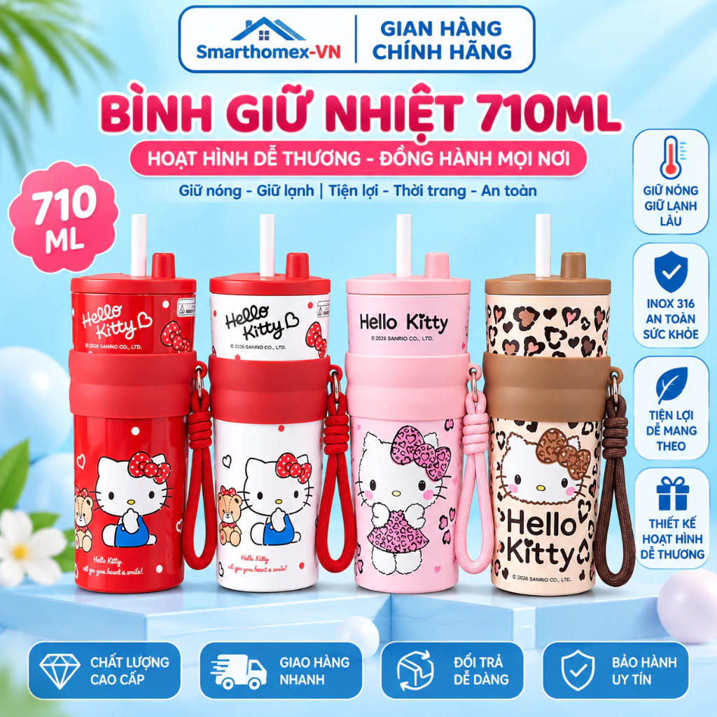 [GIÁ LIVE] Bình Giữ Nhiệt Cute 710Ml – Nhiều Hoạ Tiết Dễ Thương, Có Quai Sách Tiện Lợi – Inox 304