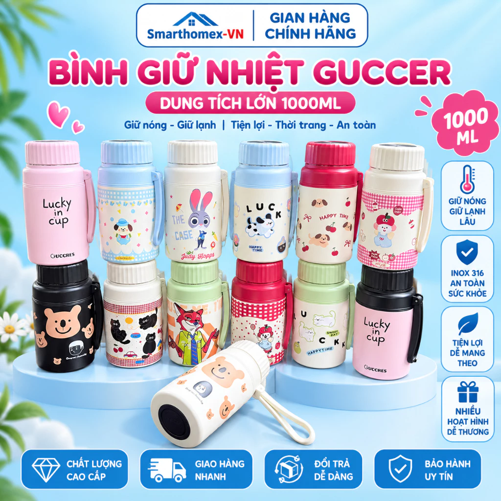Bình Giữ Nhiệt Gucgres 1000ml Có Quai Xách, Nắp Vặn Kèm Lõi Lọc Trà, Giữ Nóng Lạnh Lâu, Tiện Lợi