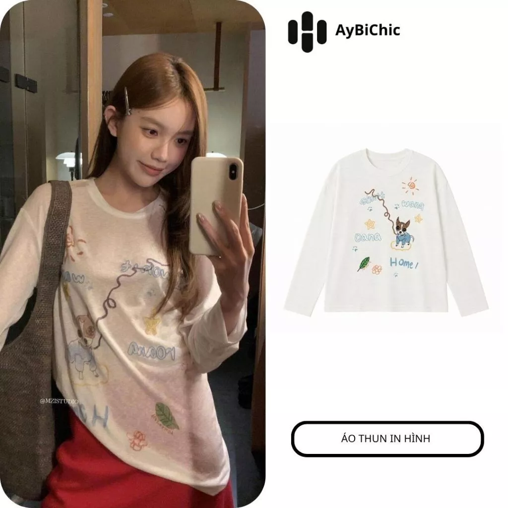 VẢI TENCEL Giấy Lụa Áo Thun Dài Tay Nữ In Hình Không Nhăn Fresize Dưới 65kg Dễ Mix Đồ AB2276
