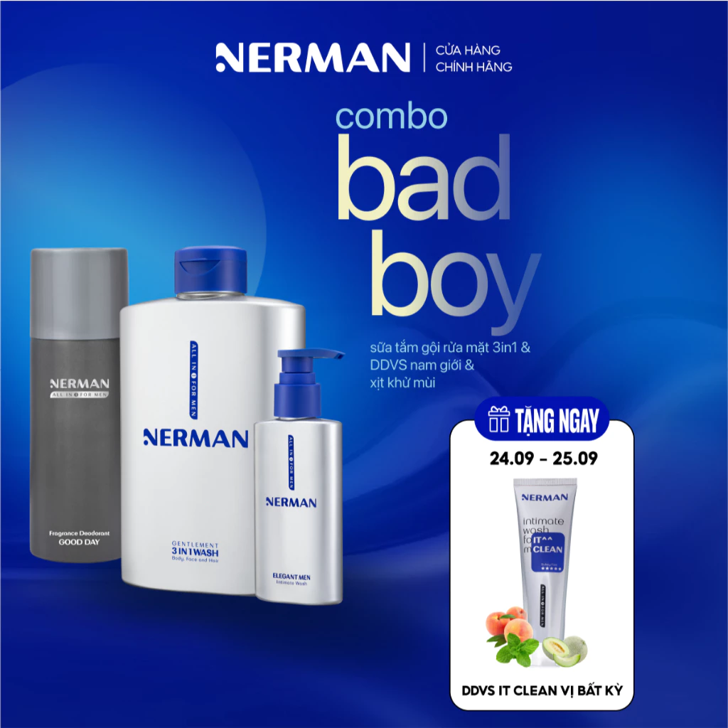 Combo Badboy Nerman - Sữa tắm gội cho nam 350ml & Gel vệ sinh 60S Fresh 100ml & Xịt khử mùi toàn thân Good Day 100ml