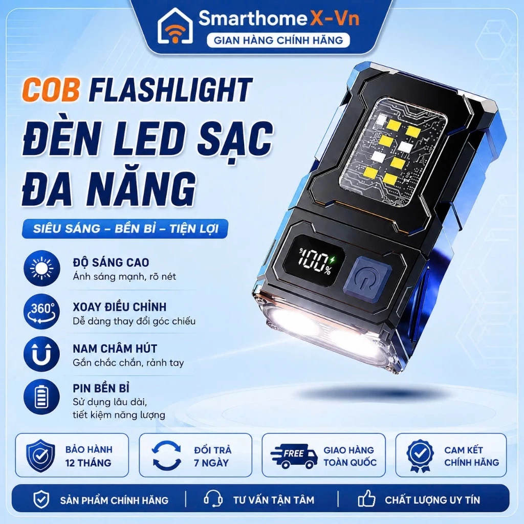 Đèn Pin LED COB Sạc Điện Siêu Sáng Đa Năng, Đầu Xoay Gập, Nam Châm Hút, Hiển Thị Pin, Đèn Sửa Xe Cắm Trại