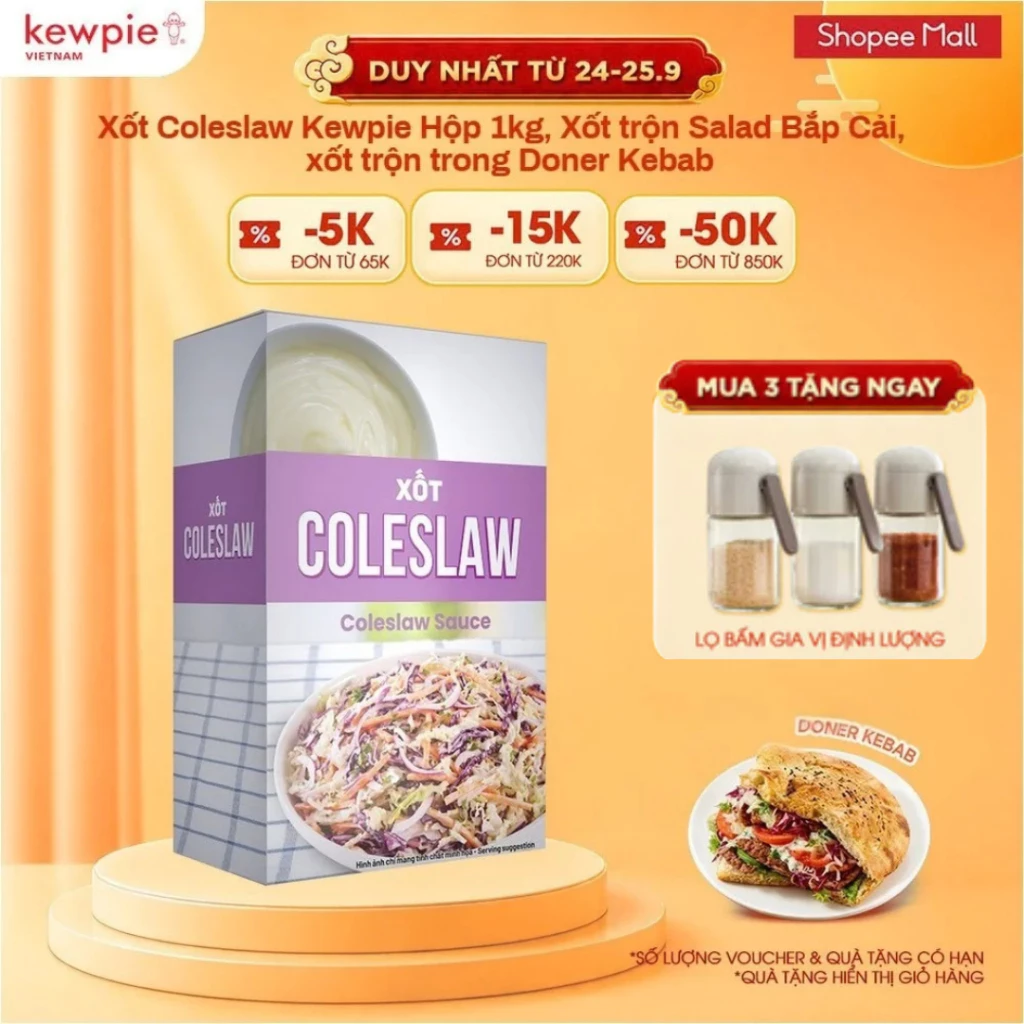 Xốt Coleslaw Kewpie Hộp 1kg, Xốt trộn Salad Bắp Cải, xốt trộn trong Doner Kebab