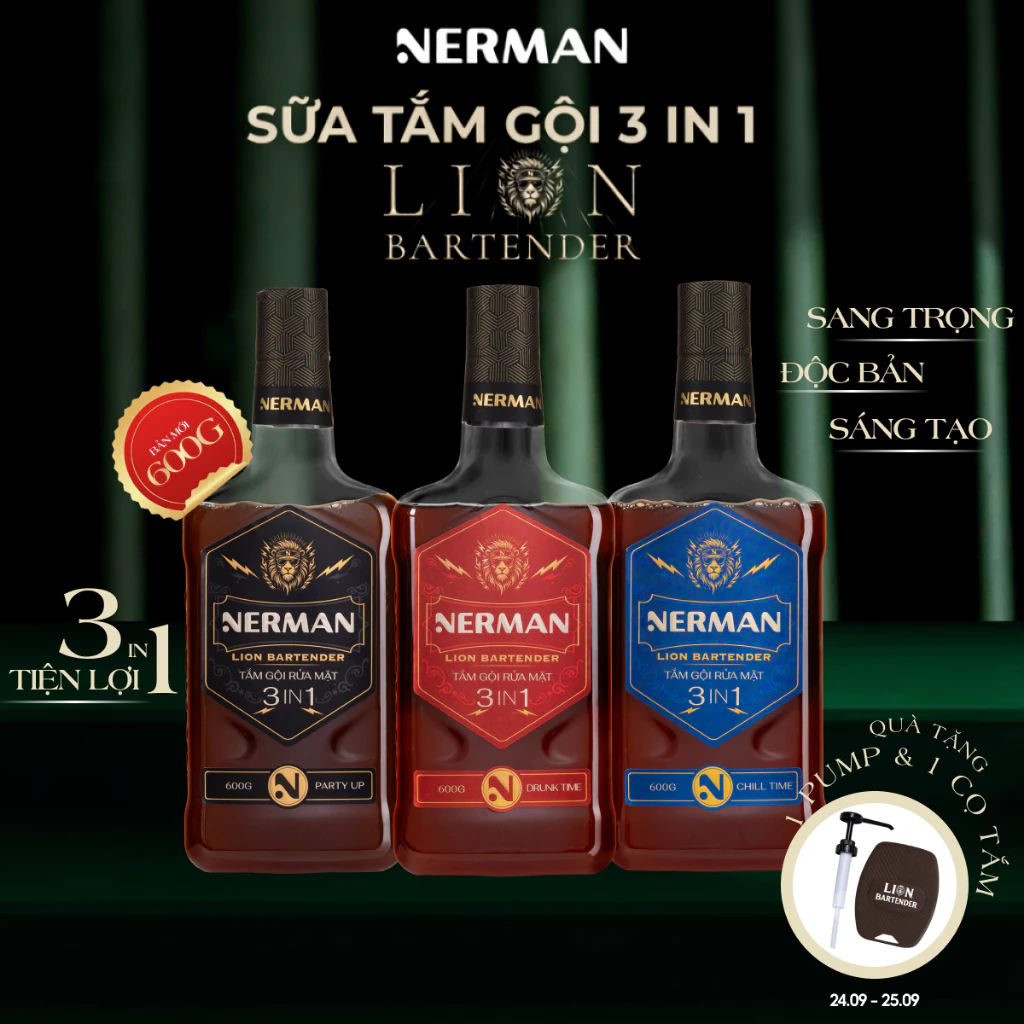 [BẢN MỚI 600G] Sữa tắm gội rửa mặt 3in1 Nerman Lion Bartender 600G làm sạch da và tóc, giúp dưỡng ẩm