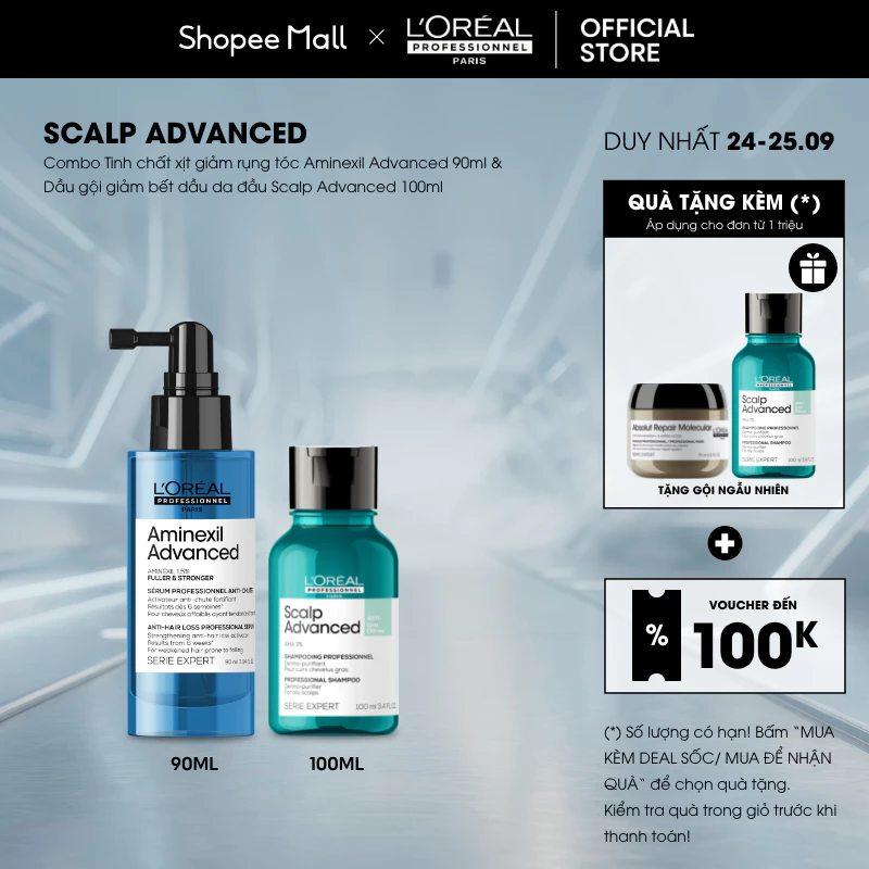 Combo Tinh chất xịt giảm rụng tóc  Aminexil Advanced 90ml & Dầu gội giảm bết dầu da đầu Scalp Advanced 100ml