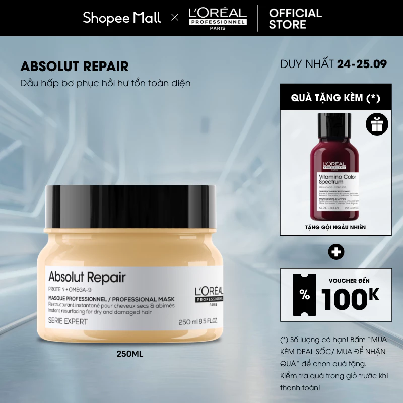 Mặt nạ bơ dành cho tóc hư tổn giúp phục hồi hư tổn toàn diện L'Oréal Professionnel Absolut Repair 250ml/500ml
