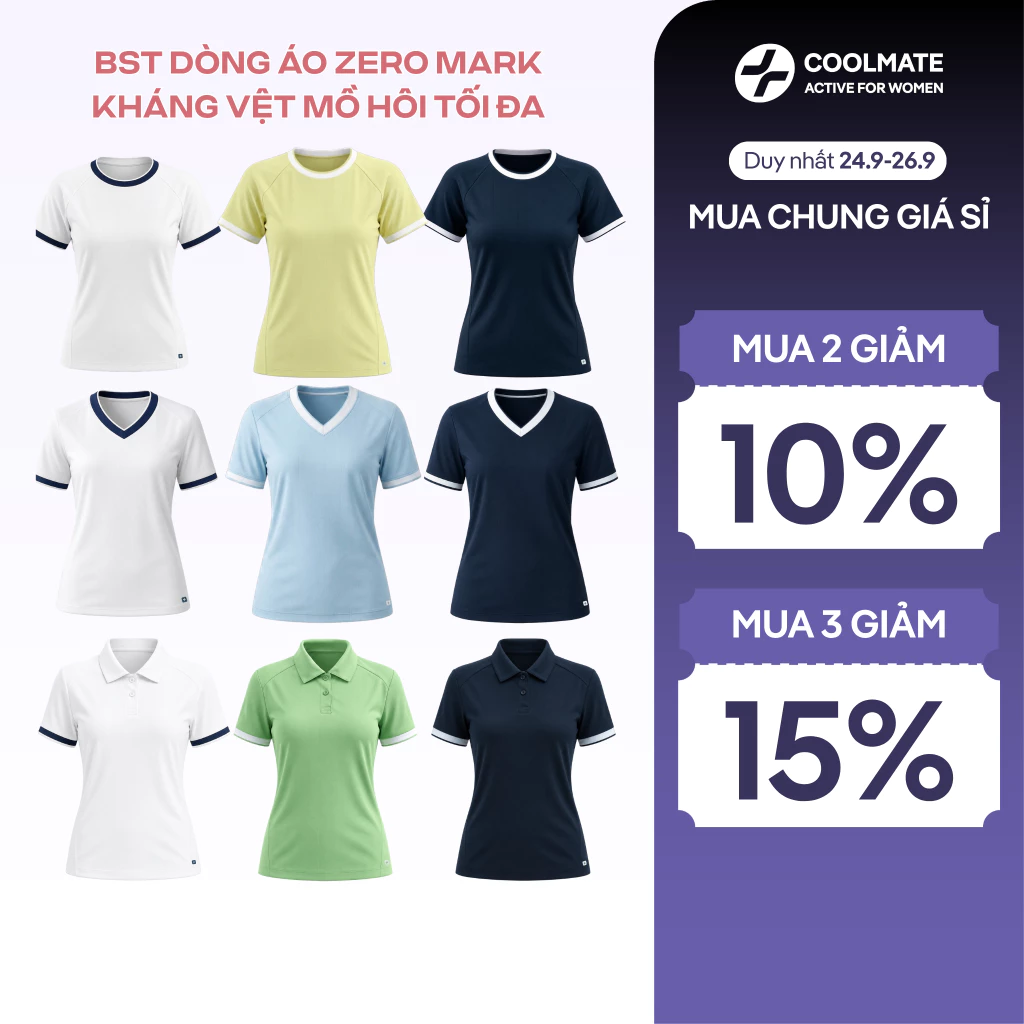 [MUA 2 GIẢM 10%] BST Áo Thun/Polo Coolmate thể thao Nữ ZeroMark Chống vệt mồ hôi cực tốt, thoáng khí co giãn