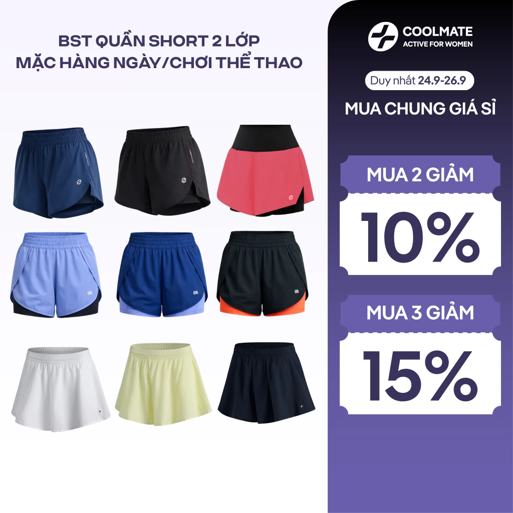 [MUA 2 GIẢM 10%] BST Quần Short 2 lớp Coolmate Nữ mặc hàng ngày chơi thể thao co giãn đa dạng thiết kế màu sắc