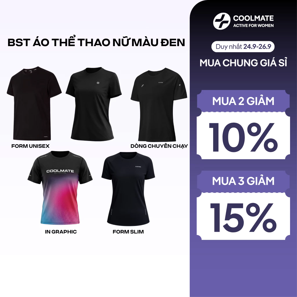 [MUA 2 GIẢM 10%] BST Áo Thể Thao Nữ TONE MÀU ĐEN thoáng khí dễ vận động - Coolmate Active For Women