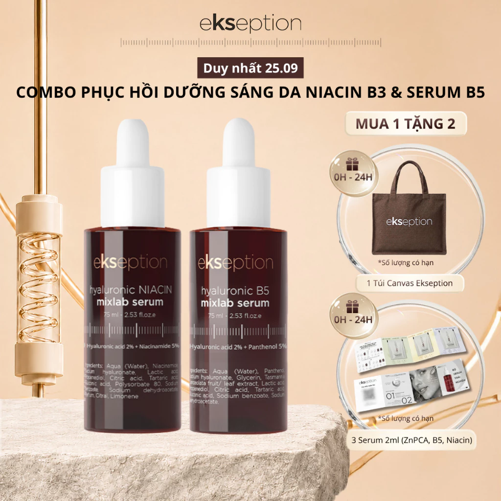 Combo Serum Dưỡng Sáng Phục Hồi Da Ekseption,Hyaluronic Niacin Mixlab HA+5% B3 75ml Và Hyaluronic B5 Mixlab,HA + 5% 75ml