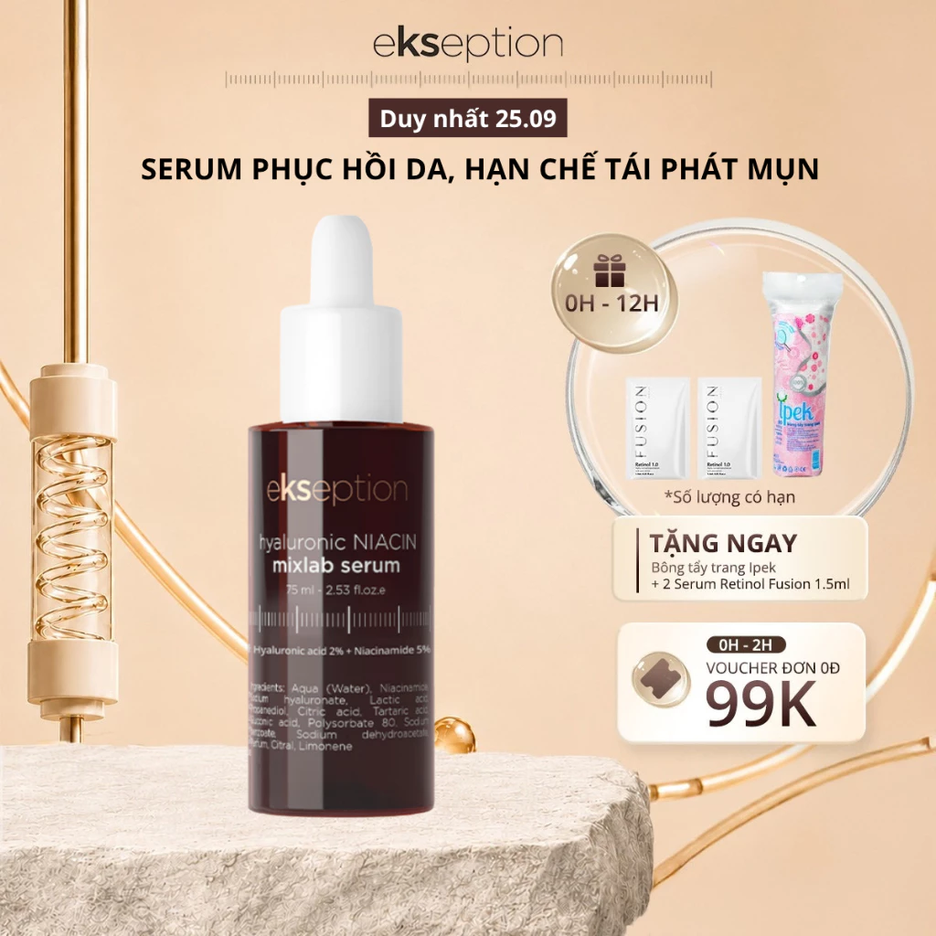 Serum HA + 5% B3 Ekseption hỗ trợ phục hồi hàng rào bảo vệ da, tránh tái phát mụn Hyaluronic Niacin Mixlab 30ml & 75ml
